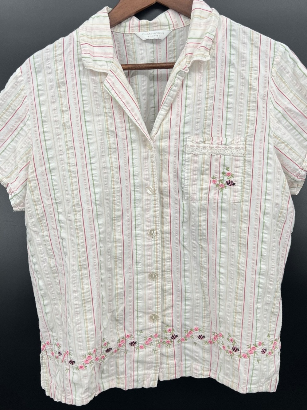 Charter Club Pajama Top M-L Short Sleeve Button Front Notch Collar Cottagecore